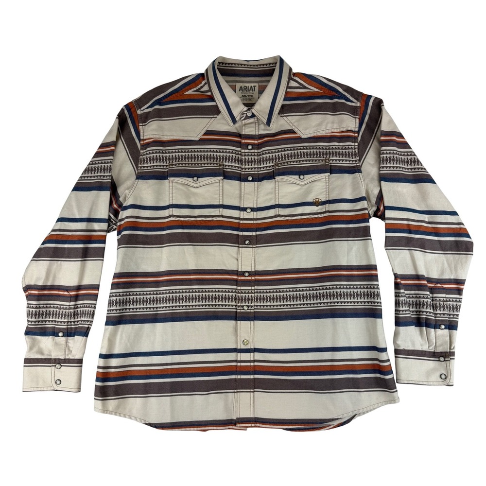 Ariat Western Shirt Mens XXL Tan Striped Retro Fit Pearl Snap Long Sleeve Cotton